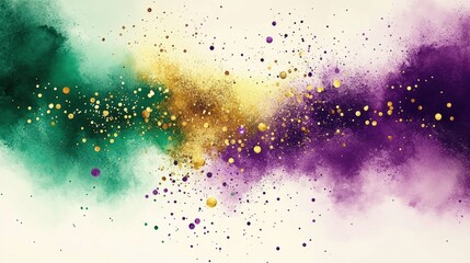 Poster - Vivid Digital Watercolor Background with Abstract Splashes and Dots in Mardi Gras Colors of Green, Purple, and Gold