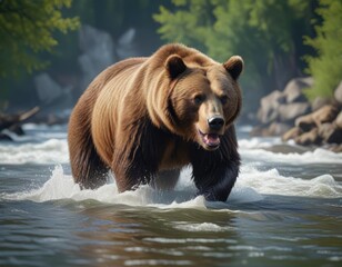 wild brown bear standing in rushing river with fish in mouth, caught, wilderness, predator, animal, 