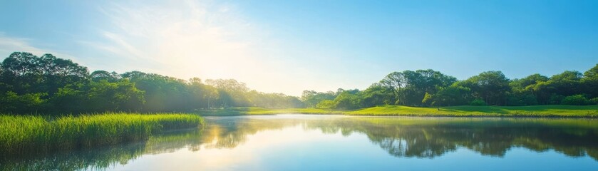 Wall Mural - Tranquil lakeside retreat, serene lake vista with lush foliage and waters