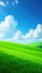 Wall Mural - serene landscape with green grass under blue sky and white clouds, fluffy, green