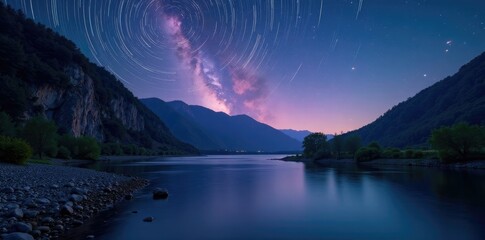 Wall Mural - serene riverbank scenery along chusovaya river with a starry night sky and swirling star trails abov
