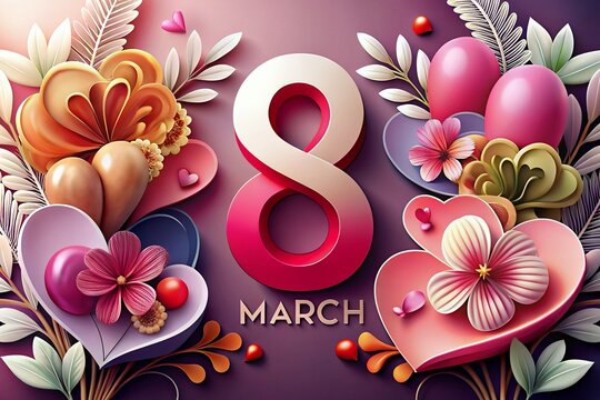 golden floral background 8 March. Women's Day pink heart banner for the website.