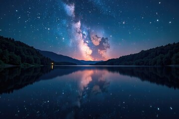 starry night with a lake and glowing star trails reflected in the water, glow, reflective, stars