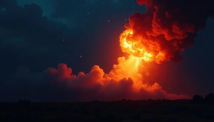 Wall Mural - starburst of flames illuminating a darkened sky at dusk, fiery, sky, explosion