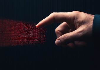 Poster - A hand touches a glowing red surface, creating a visual connection that symbolizes interaction and technological engagement.