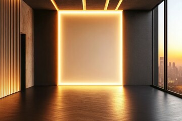 Poster - modern empty gallery room interior design with bright lighting and large windows featuring scenic ur