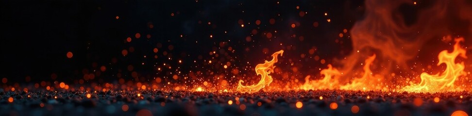 Wall Mural - flickering flames with sparks on a dark canvas, burning, black background