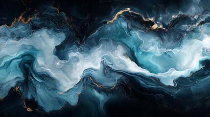 swirling blue and white patterns with hints of gold create an abstract masterpiece in a dark setting