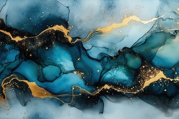 Poster - Abstract Fluid Art Creation Featuring Natural Blue and Gold Tones with Organic Shapes and Textures for Luxury Decor and Artistic Use