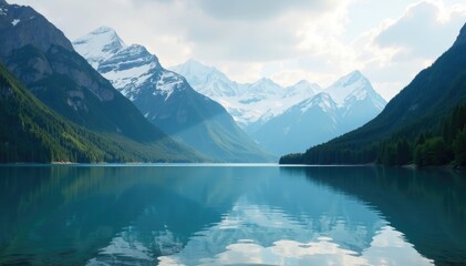Wall Mural - serene lake in front of towering mountain peaks with snow, scenery, alaska