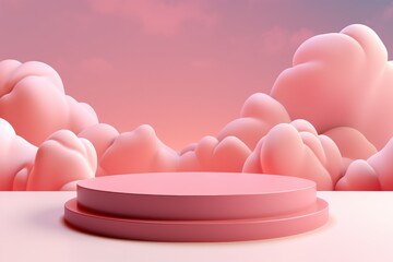 Poster - 3D Pink Peach Fuzz Color Trend of the Year with Soft Clouds and Round Platform Perfect for Background and Creative Projects