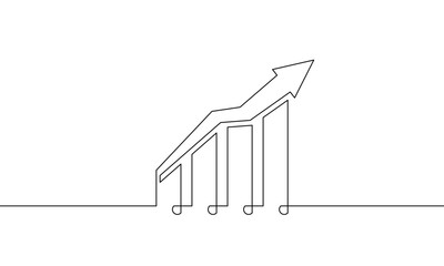 Wall Mural - Continuous line one drawing of increasing arrow up. vector illustration. Flat icon of graph. Single line art of bar chart. Sign symbol of business growth