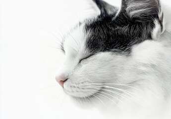 Poster - Serene Close-Up of a White and Black Cat with Calm Expression Against a Light Background, Evoking a Sense of Peace and Contentment in Everyday Moments
