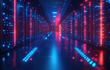 Poster - Futuristic data center with vibrant red and blue neon lights illuminating advanced server racks, ideal for showcasing technology, innovation, and modern infrastructure