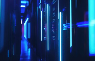 Poster - Close-up of futuristic server racks with neon blue lights, perfect for showcasing advanced technology themes and data-driven concepts