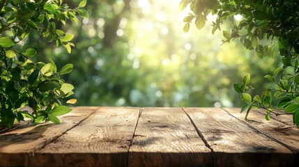 Aufkleber - A weathered wooden table stands under the warm glow of sunlight, surrounded by vibrant green leaves. This tranquil setting in the forest invites reflection and connection with nature