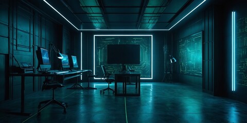 Poster - High-tech workspace with glowing blue accents and modern equipment for digital innovation and creativity