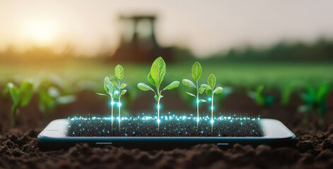 Fototapete - Innovative technology merges with agriculture as young plants grow from the soil atop a smartphone. This scene highlights the integration of digital tools in modern farming practices.