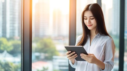 Leinwandbilder - Young asian businesswoman using a digital tablet while standing by a window, enjoying a stunning city view during sunset in a modern office environment