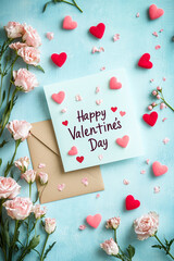 Poster - Valentine's Day greeting card with hearts, pink roses, and petals, creating a romantic atmosphere. The card reads 
