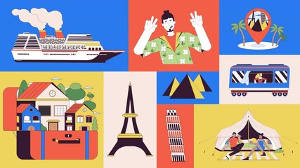Poster - Tourists attraction travelers animated bento grid layout. Railway cruise trip glamping. Diverse people traveling outdoor 2D animation flat cartoon ui collage design. 4K video motion graphic collection