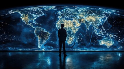 Poster - Man Silhouetted Against A Global Map Of City Lights