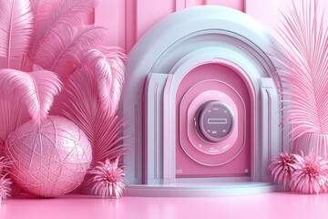 Poster - A vibrant, pink-themed interior featuring a decorative arch, round elements, and lush foliage, creating a playful and modern aesthetic.