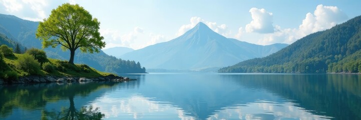 Wall Mural - serene lake with a few trees and a distant mountain peak, landscape, tree