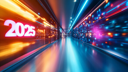 Wall Mural - futuristic corridor with bright lights and colorful digital displays leading to 2025, symbolizing in