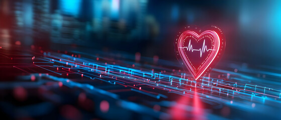Poster - Futuristic digital heart with heartbeat line displayed on a glowing circuit board background.