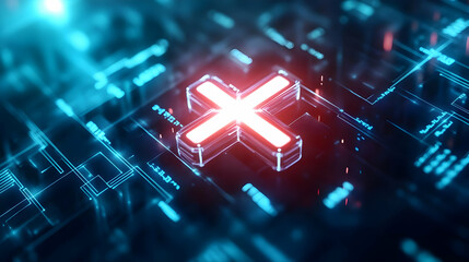 Poster - Futuristic digital interface featuring a glowing red cross symbol in a high-tech environment.