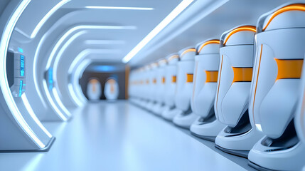 Poster - Futuristic hallway with sleek pods and glowing lights, showcasing advanced design and innovation in a space setting.
