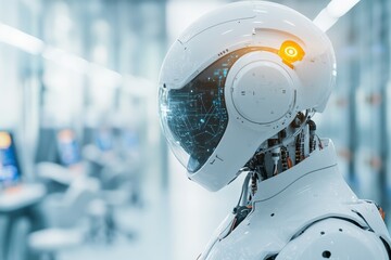 Poster - A futuristic AI-powered laboratory where humanoid robots assist human scientists
