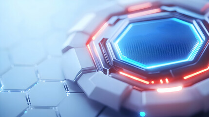 Poster - Futuristic hexagonal technology interface with glowing blue and red lights, perfect for sci-fi projects.