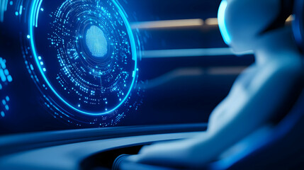 Poster - Futuristic interface displaying data analysis with a humanoid figure interacting in a digital environment.