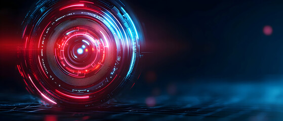 Poster - Futuristic lens with red and blue lights reflecting on a dark surface, representing advanced technology concepts.