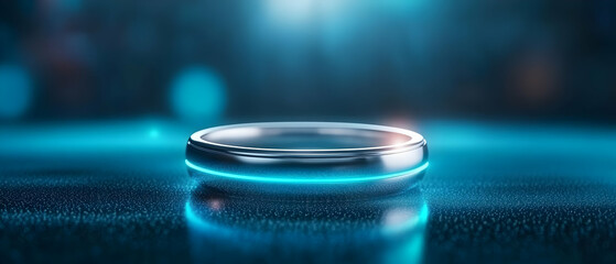 Poster - Futuristic metallic ring glows with neon light on a reflective surface, symbolizing innovation and modern design.
