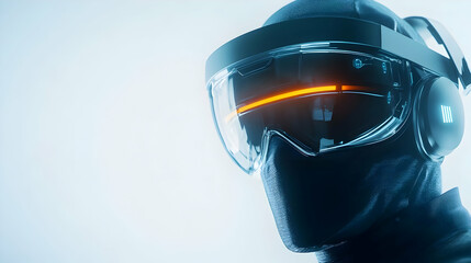 Poster - Futuristic person wearing an advanced virtual reality headset in a minimalist space, showcasing cutting-edge technology.