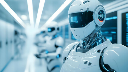 Poster - Futuristic robots in a high-tech environment showcasing advanced artificial intelligence and robotics.