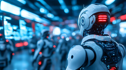 Poster - Futuristic robots in a high-tech environment, showcasing advanced design and artificial intelligence concepts.