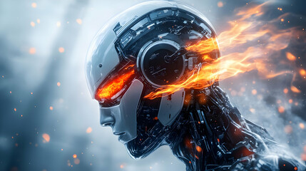 Poster - Futuristic robot with glowing eyes and fiery effects, symbolizing advanced artificial intelligence and innovation.