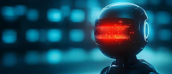 Poster - Futuristic robot with glowing red visor, symbolizing advanced robotics and artificial intelligence.