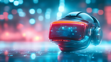 Poster - Futuristic virtual reality headset glowing with neon lights, symbolizing advanced technology and immersive experiences.