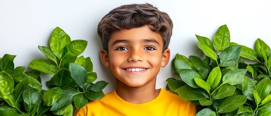 smiling child amidst greenery: a cheerful young boy with a bright smile is nestled amongst vibrant g