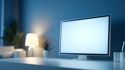 Poster - Modern workspace featuring a blank screen monitor, plant, and lamp in a cozy blue-themed room.