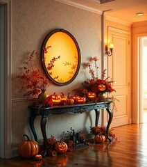 warm orange glow spills into the hallway from a console table adorned with intricately carved pumpki