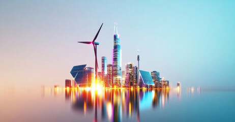 Leinwandbilder - A bustling city skyline showcases modern architecture with solar panels and wind turbines. During sunset, the structures gleam brightly, reflecting advancements in sustainable energy.