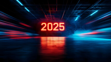 Poster - Vibrant and futuristic representation of the year 2025 with neon lights and motion blur effects.