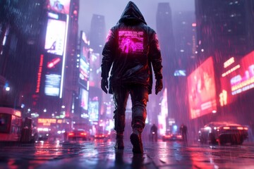 Poster - A neon-lit cyberpunk city where digital billboards display holographic politicians campaigning for future elections