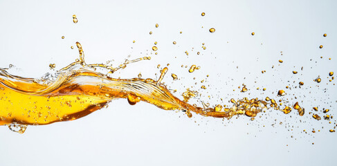 Poster - Golden honey creates energetic splashes as it flows through the air, forming unique patterns against a clean background. The liquid’s smooth texture contrasts beautifully with its vibrant color.